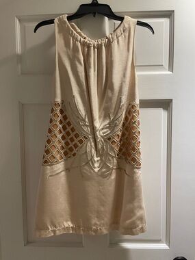 Beige Sequined Embroidered Sheath Dress